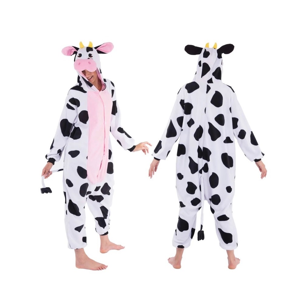 Spooktacular Creations Cow Pajamas XXL Black White Spotted Fleece Hooded Costume